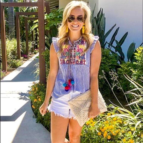 Shein Boho Pom Pom Tie Festive Seersucker Blouse - Picture 2 of 16